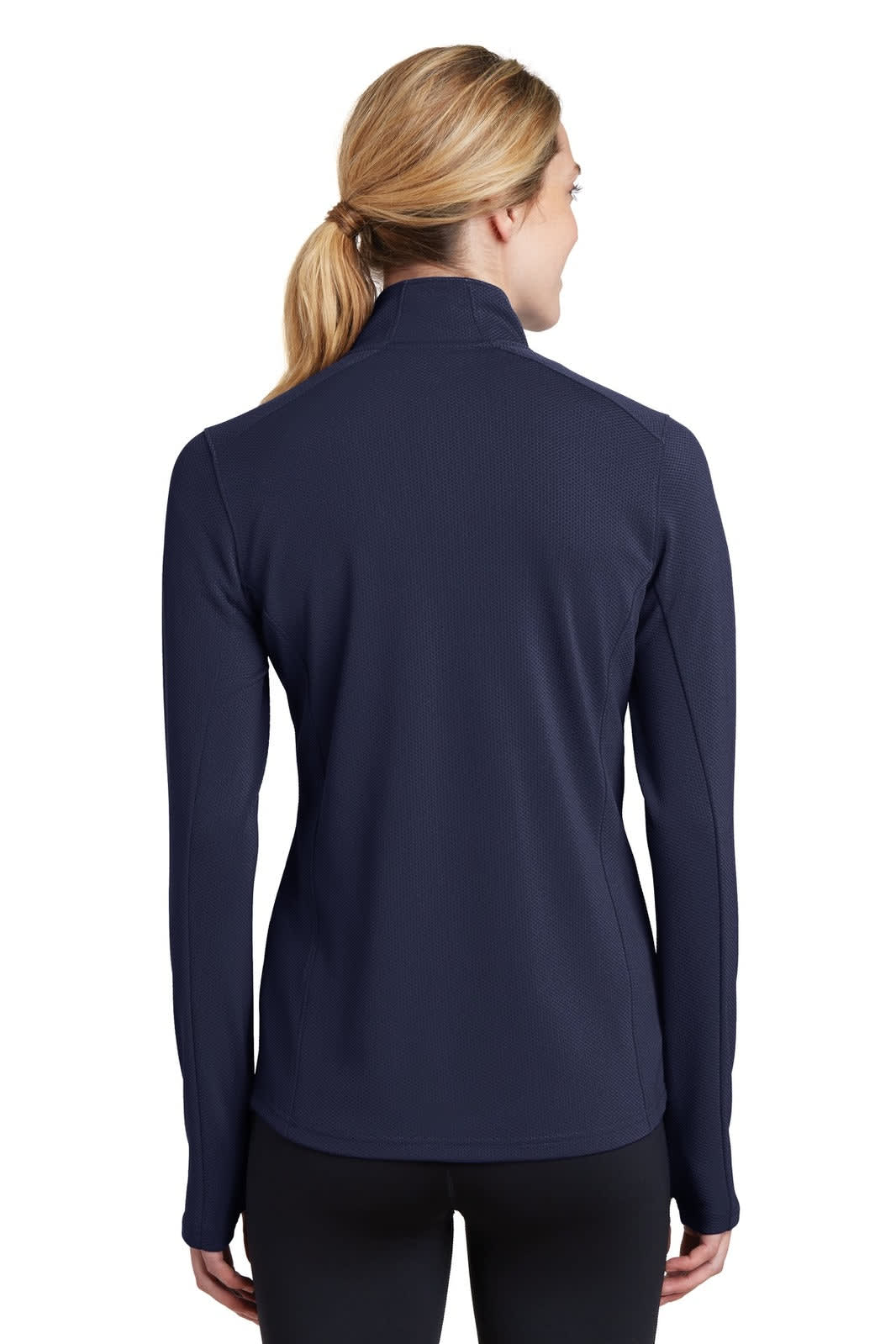 A navy blue Sport-Tek ladies 1/4-zip pullover featuring a smooth texture and a back view. Includes a logo.