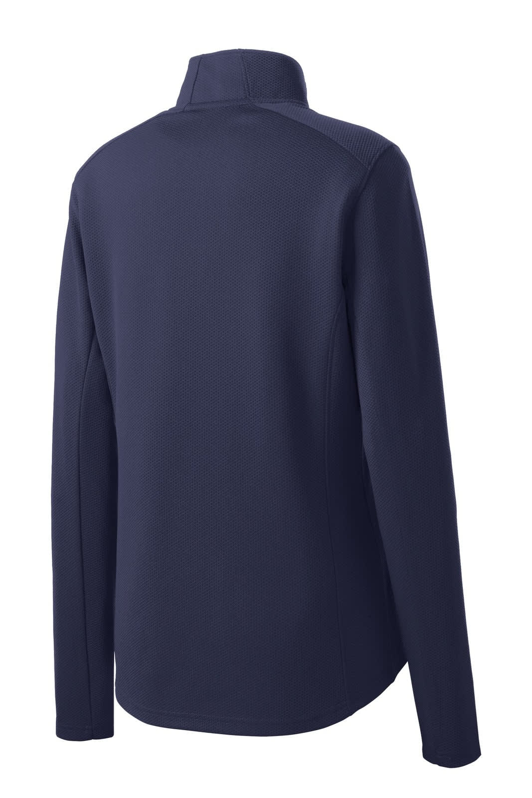 A navy Sport-Tek Ladies Sport-Wick Textured 1/4-Zip Pullover with a back view and long sleeves, featuring a logo.