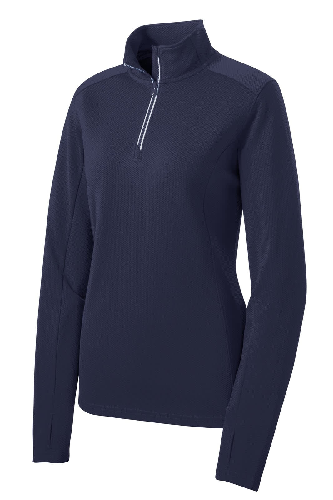 A navy blue Sport-Tek Ladies Sport-Wick Textured 1/4-Zip Pullover with long sleeves and a collar, featuring a logo.