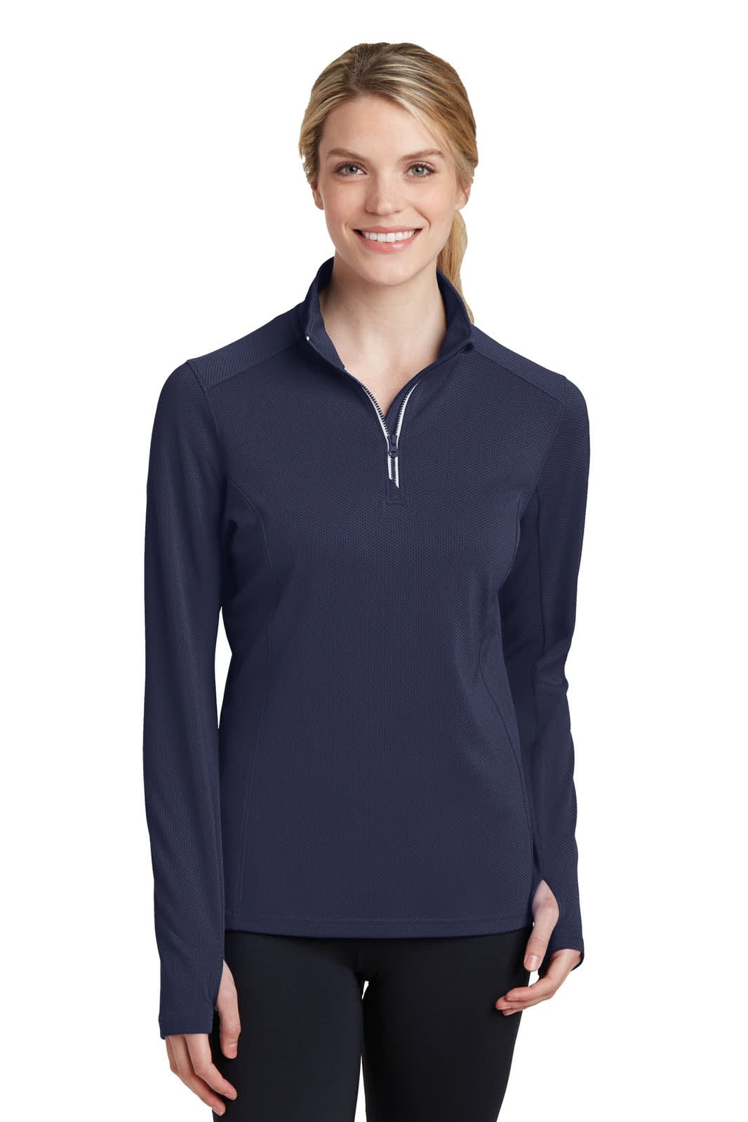 A navy Sport-Tek Ladies Sport-Wick Textured 1/4-Zip Pullover featuring a zip collar and long sleeves, with branding.