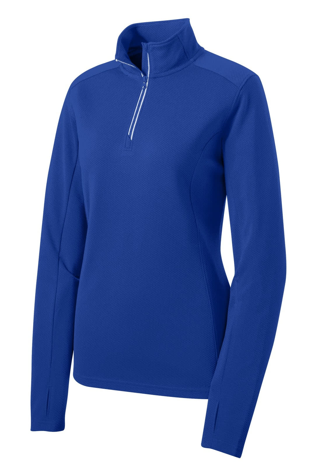 A blue Sport-Tek Ladies Sport-Wick Textured 1/4-Zip Pullover with a high collar and long sleeves. Features a logo.