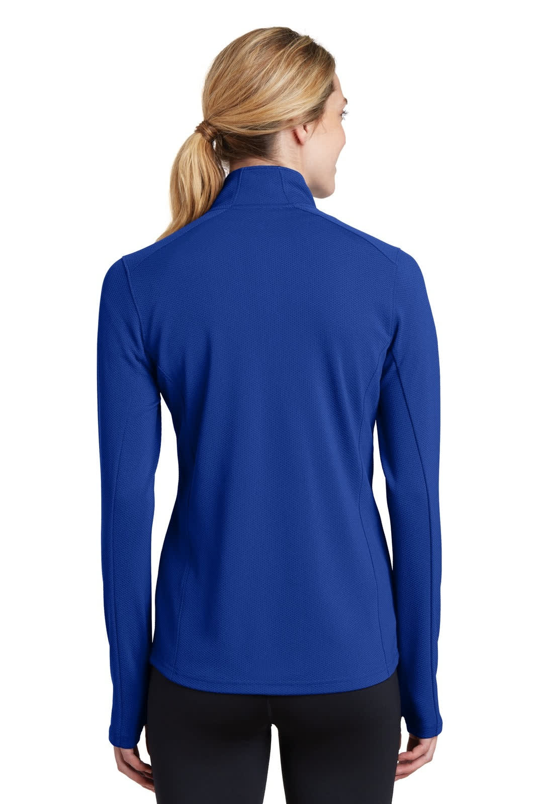 A blue Sport-Tek Ladies Sport-Wick Textured 1/4-Zip Pullover featuring a high collar and long sleeves, with a logo.