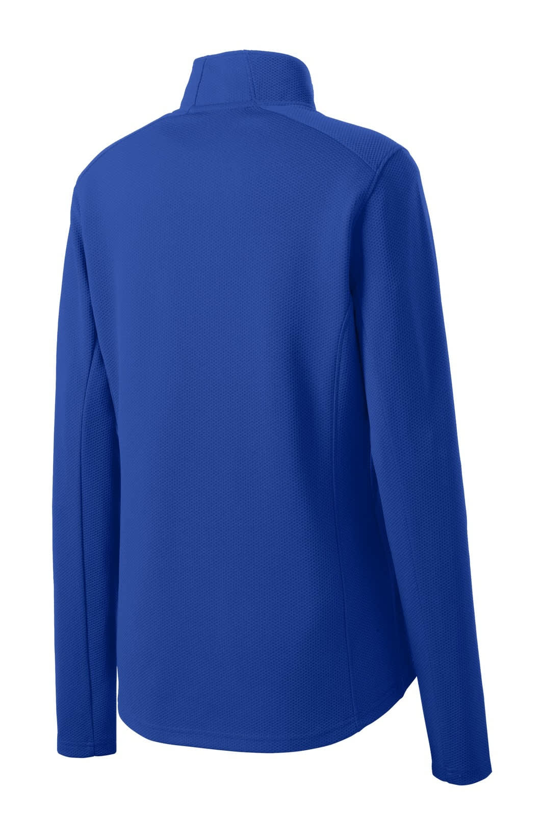 A blue Sport-Tek Ladies Sport-Wick Textured 1/4-Zip Pullover, featuring a smooth finish and long sleeves, has a logo.