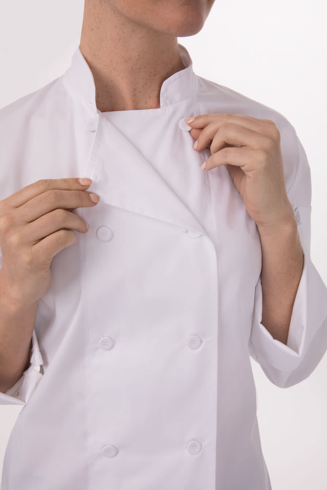 A white women's chef jacket with a double-breasted design, featuring a high collar and visible buttons.