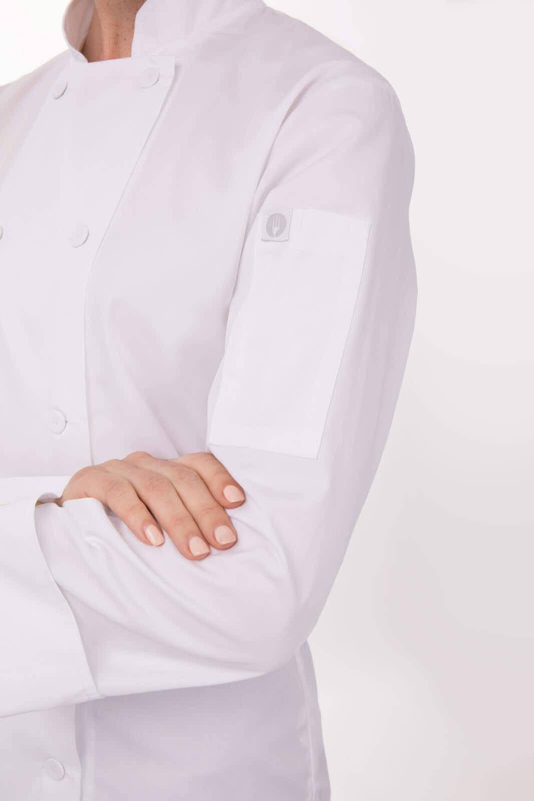 A white women's chef jacket featuring a classic design with a small logo on the sleeve.