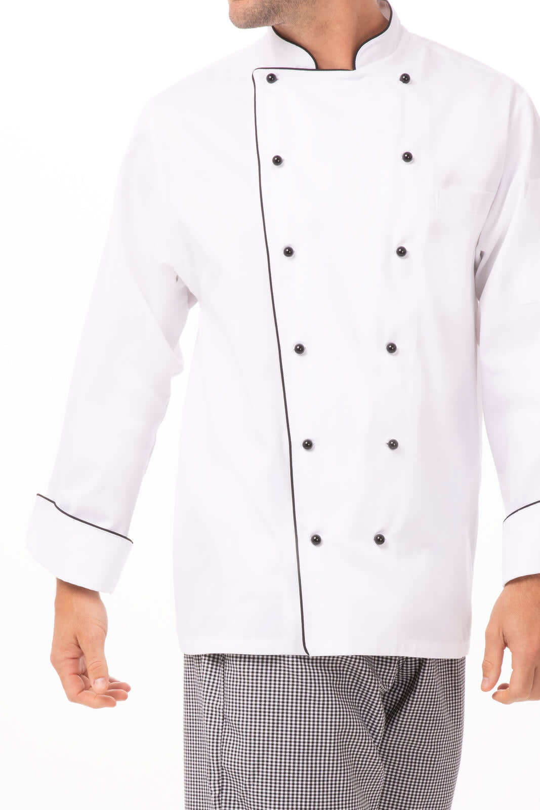 A white chef jacket with black piping and buttons, worn by a model. Features long sleeves and a professional design.