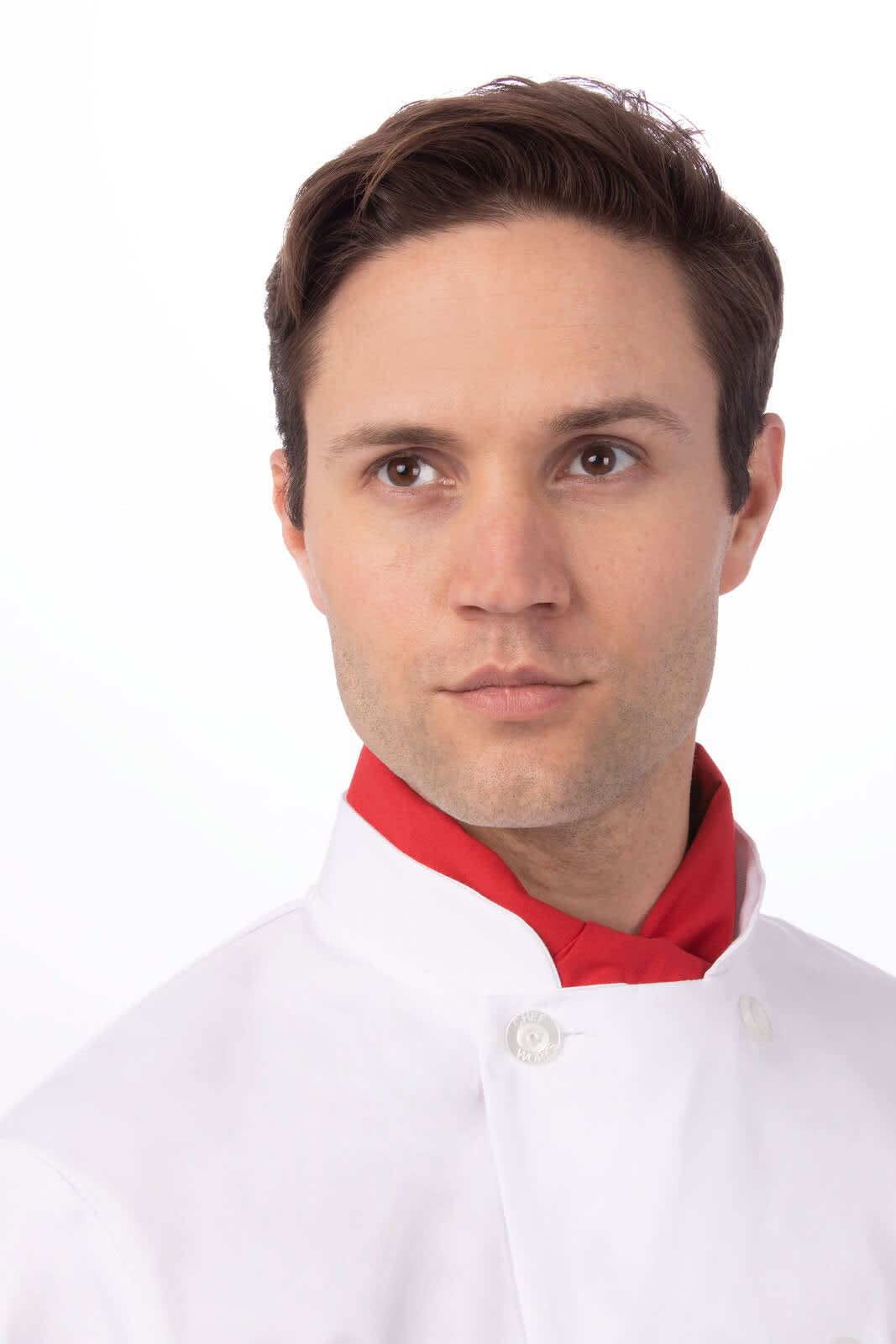 A chef neckerchief in red worn by a model in a white chef jacket. The image features a professional appearance with a logo.