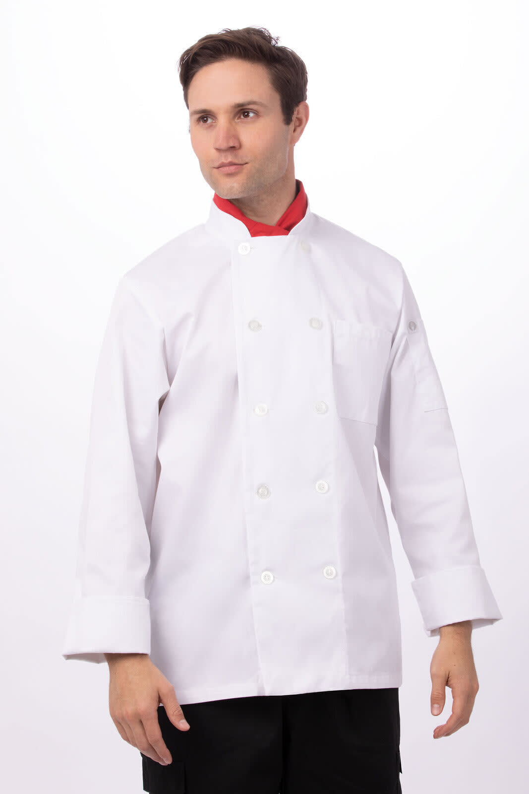 A chef in a white jacket with a red neckerchief, featuring long sleeves and double-breasted buttons.