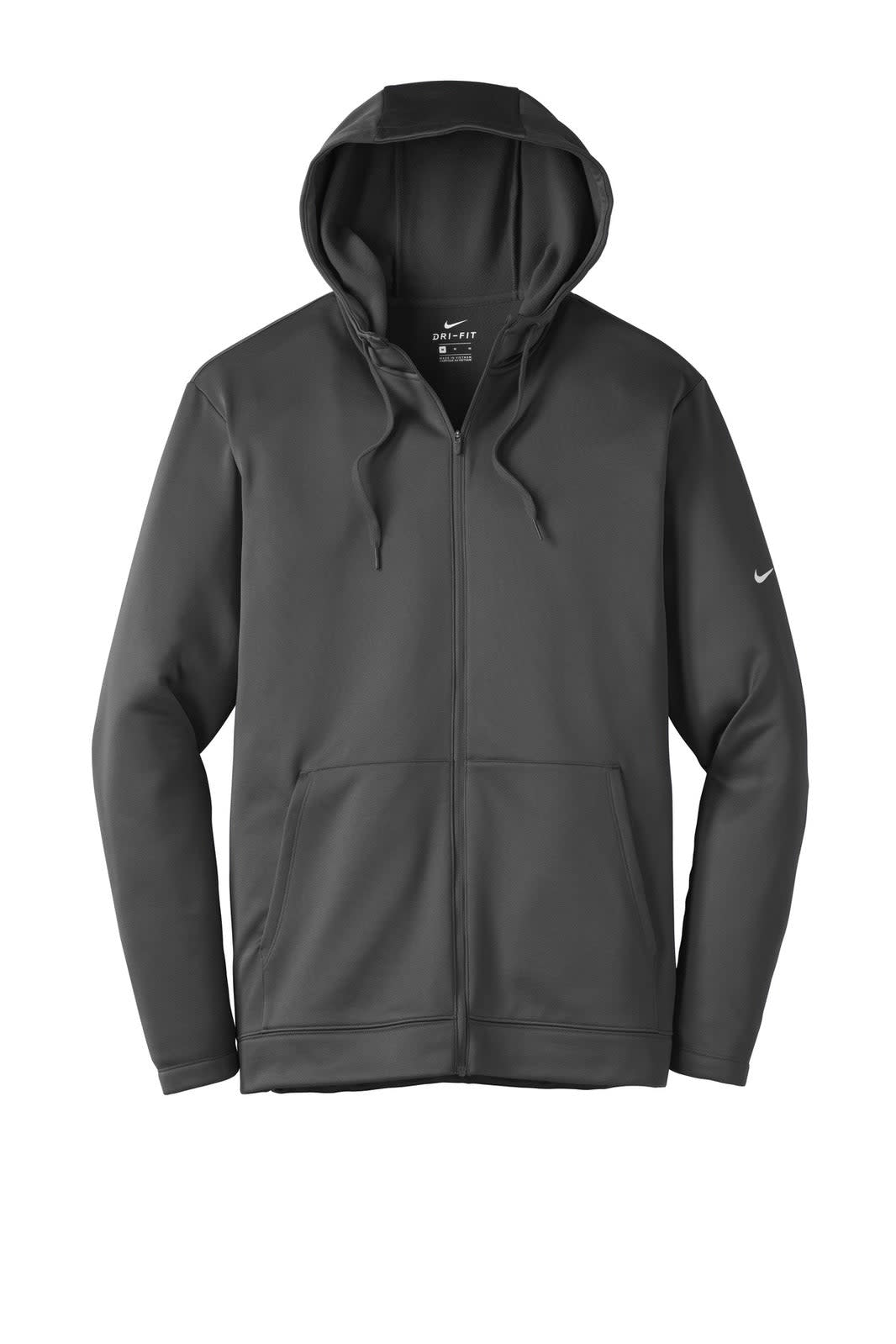 A grey Nike Therma-FIT full-zip fleece hoodie with a hood and front pockets, featuring a logo on the sleeve.
