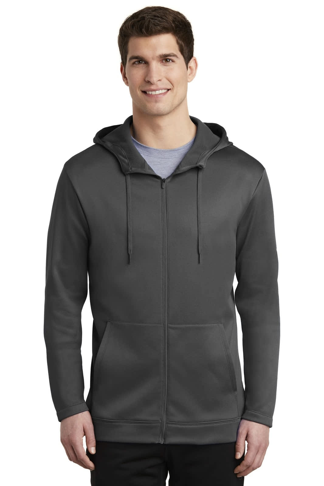 A grey Nike Therma-FIT full-zip fleece hoodie on a model, featuring a hood and front pockets.