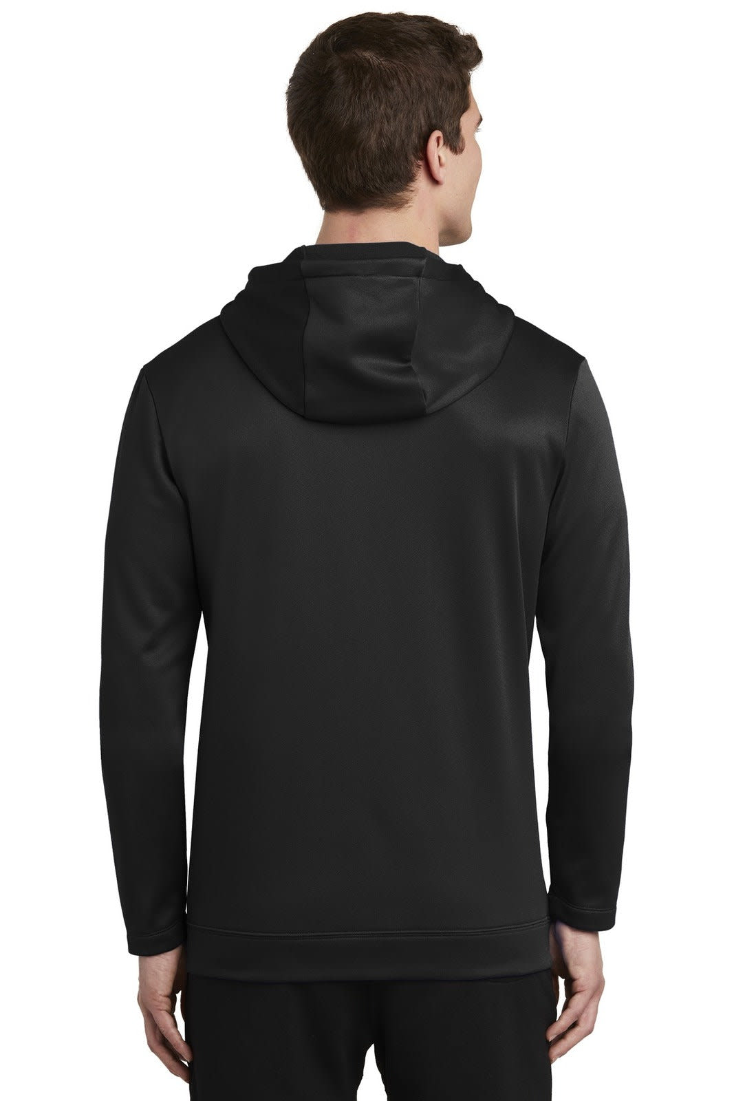 A black Nike Therma-FIT full-zip fleece hoodie viewed from the back, featuring a hood and a fitted design.