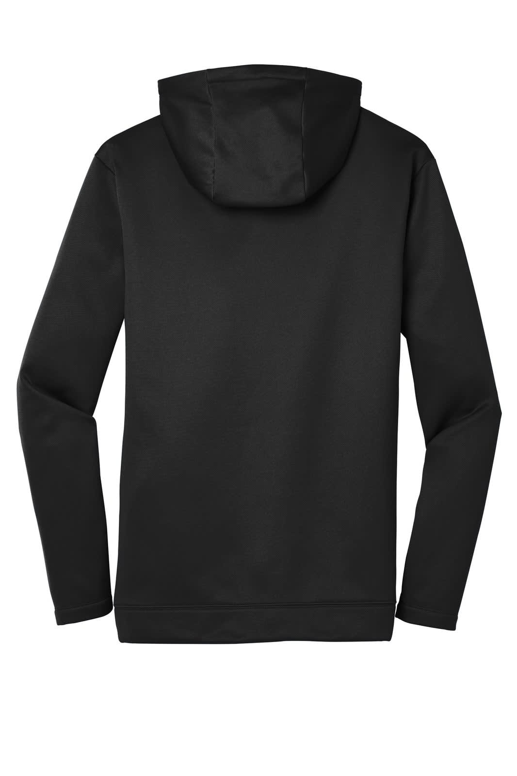 A black full-zip fleece hoodie with a hood and long sleeves, featuring a logo on the back.
