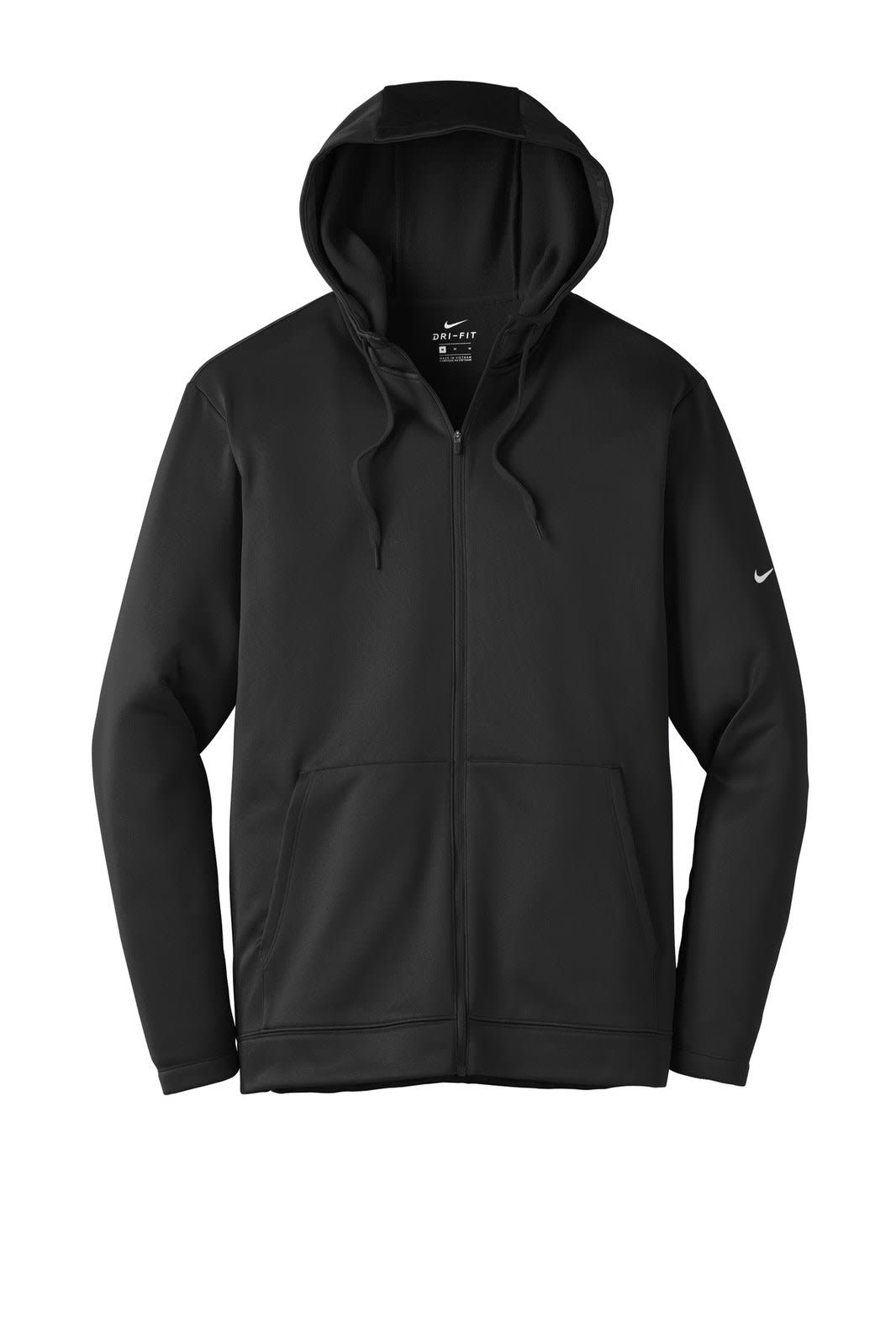 A black Nike Therma-FIT full-zip fleece hoodie with a hood and front pockets, featuring a subtle logo on the sleeve.