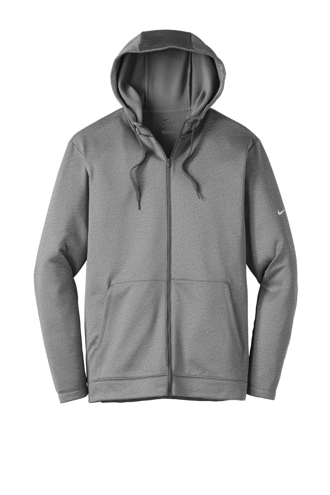A grey Nike Therma-FIT full-zip fleece hoodie with a hood and front pockets, featuring a logo.