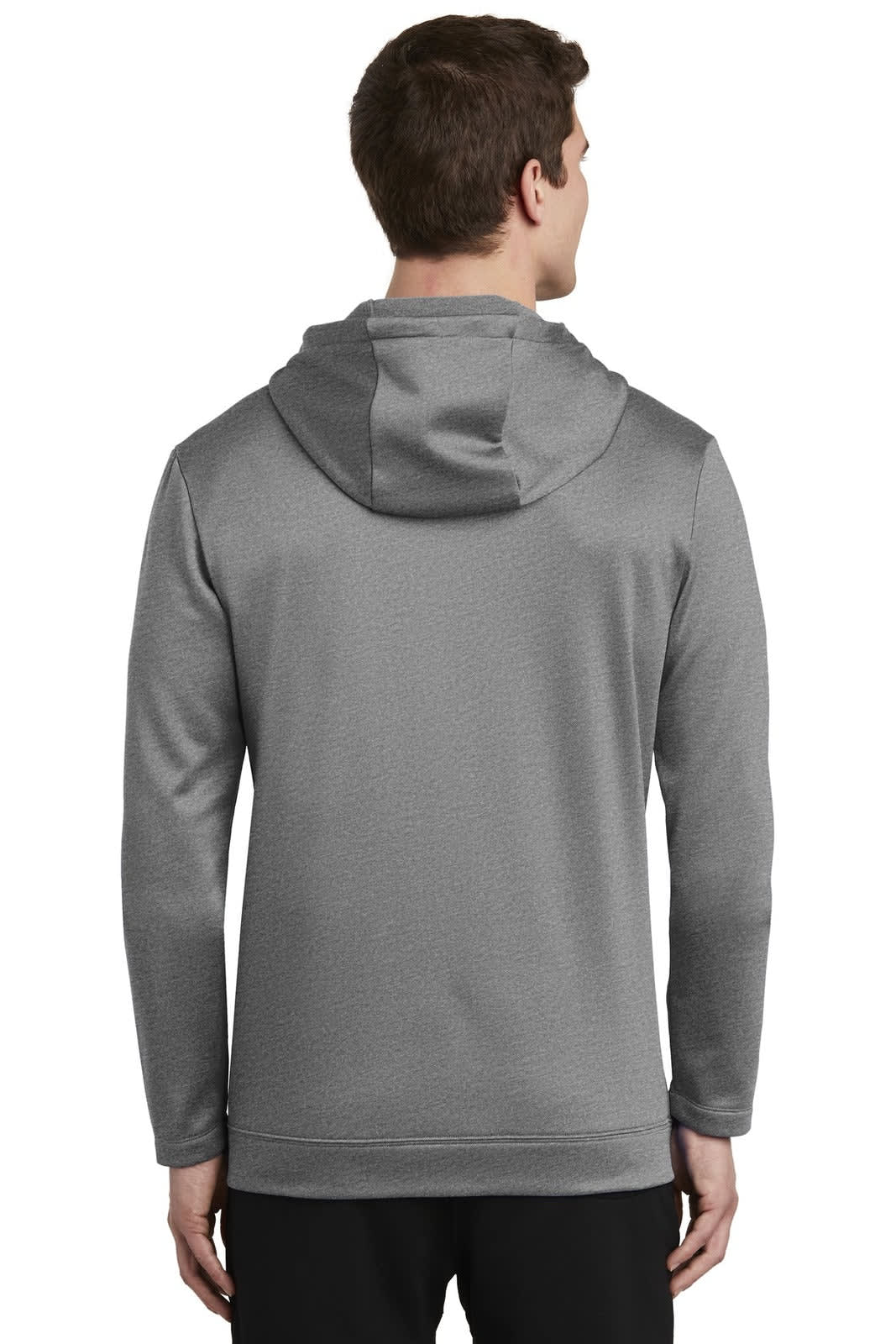 A grey Nike Therma-FIT full-zip fleece hoodie featuring a hood, shown from the back. It has a logo on the design.