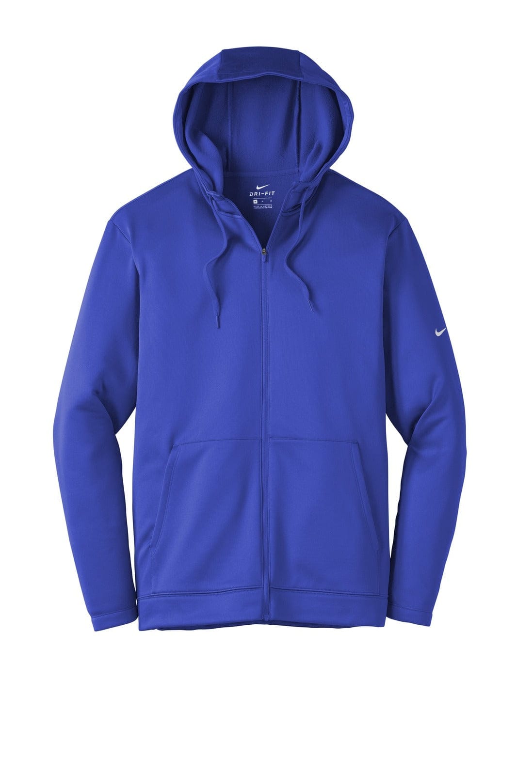 A blue Nike Therma-FIT full-zip fleece hoodie with a hood and front pockets, featuring a logo.