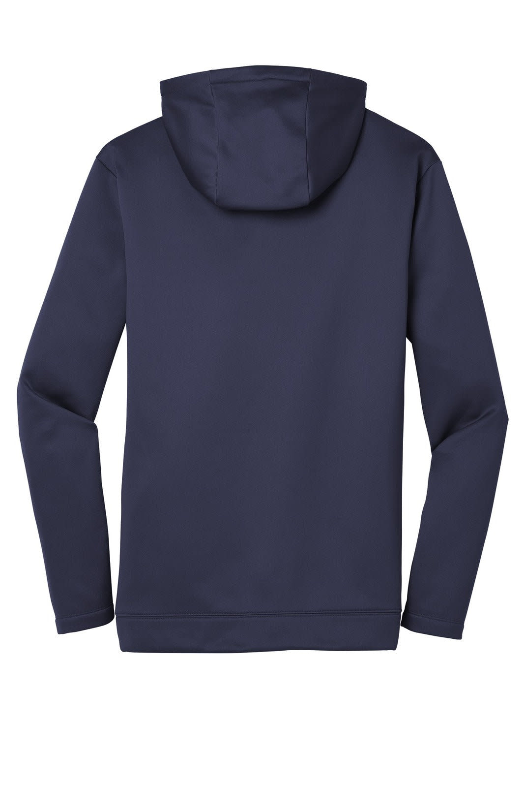 A navy blue full-zip fleece hoodie featuring a hood and long sleeves, with a branding logo.