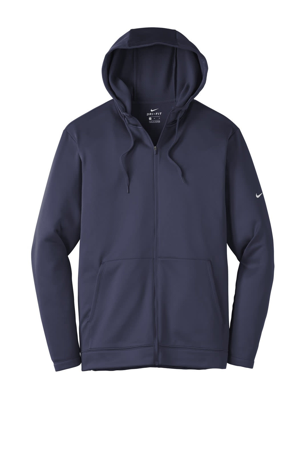 A navy Nike Therma-FIT full-zip fleece hoodie with a front pocket and a logo on the sleeve.