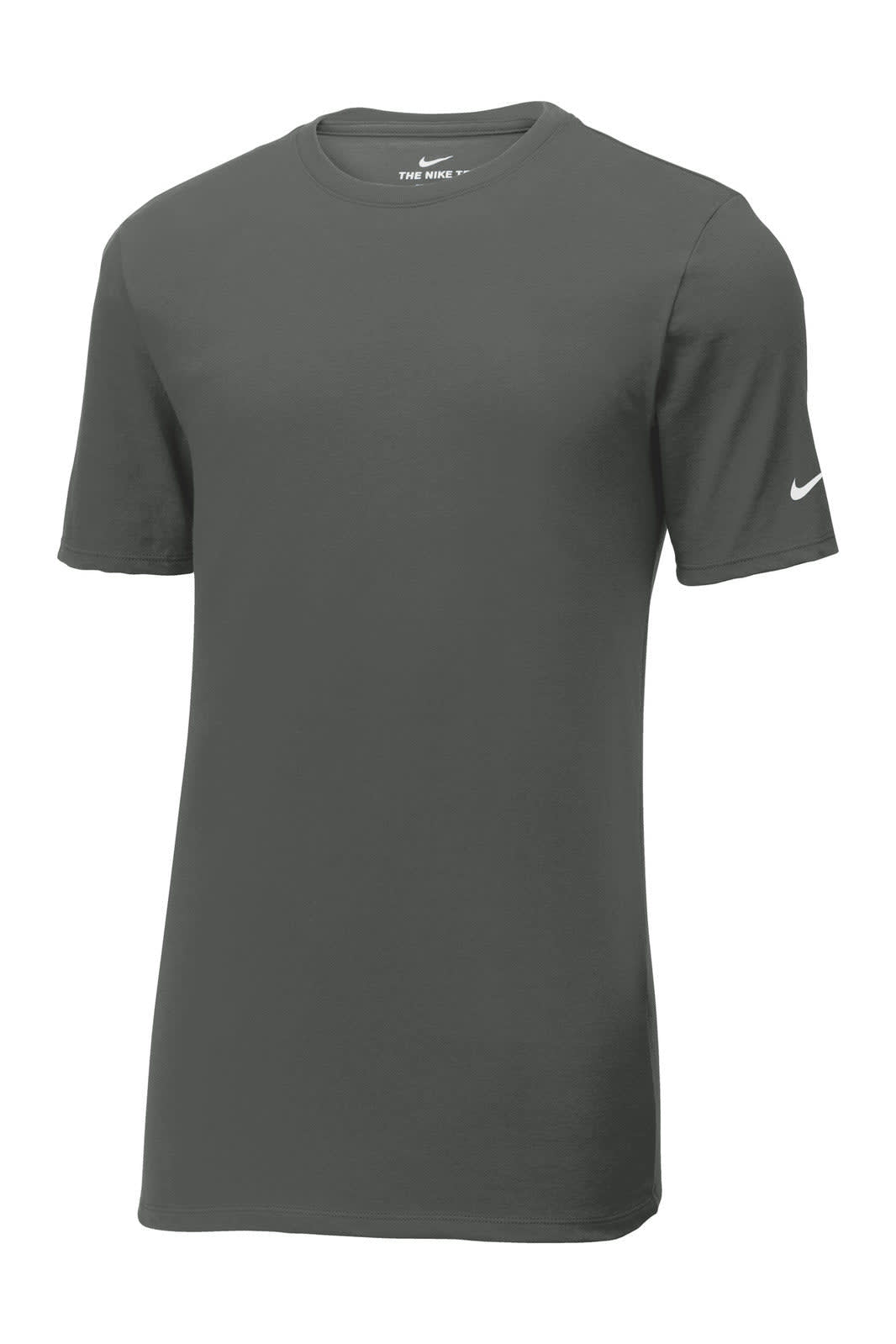 A grey Nike Dri-FIT cotton/poly T-shirt with short sleeves and a logo on one sleeve.