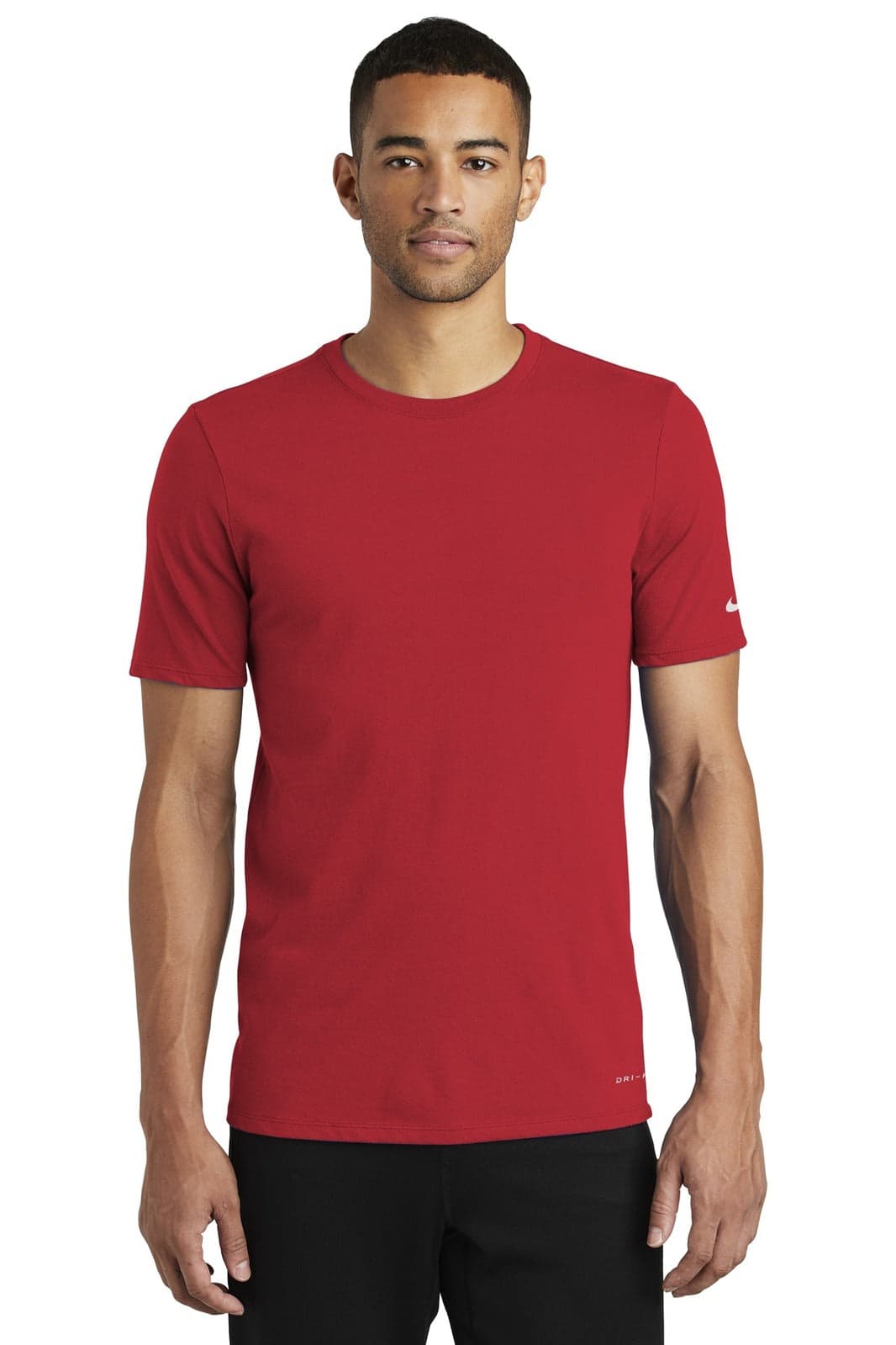 A red Nike Dri-FIT cotton/polyester t-shirt featuring a short-sleeve design and a logo.