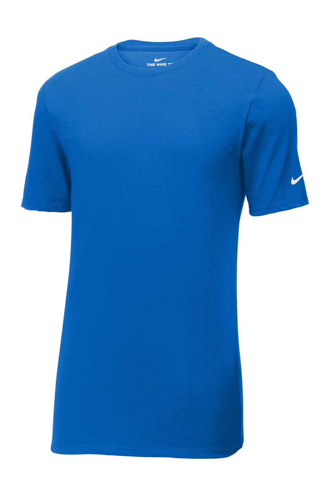 A blue Nike Dri-FIT Cotton/Poly Tee with a logo on the sleeve, displayed on a plain background.
