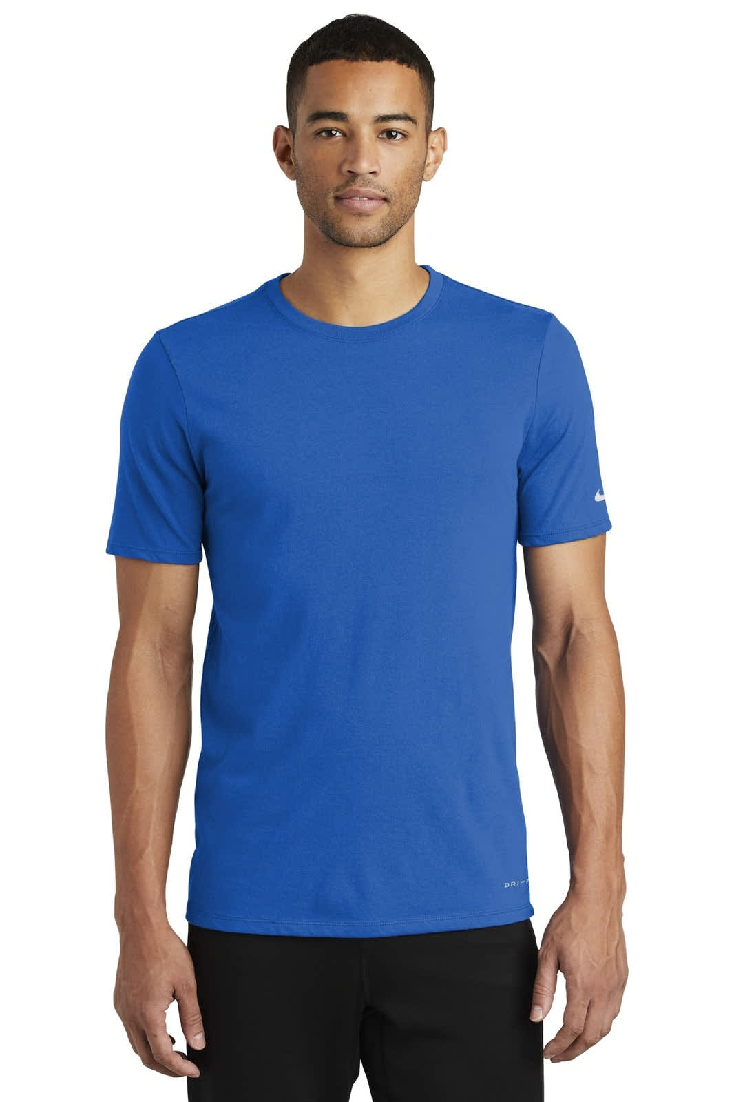 A blue Nike Dri-FIT T-shirt featuring short sleeves and a logo on the sleeve. It has a sleek, athletic design.