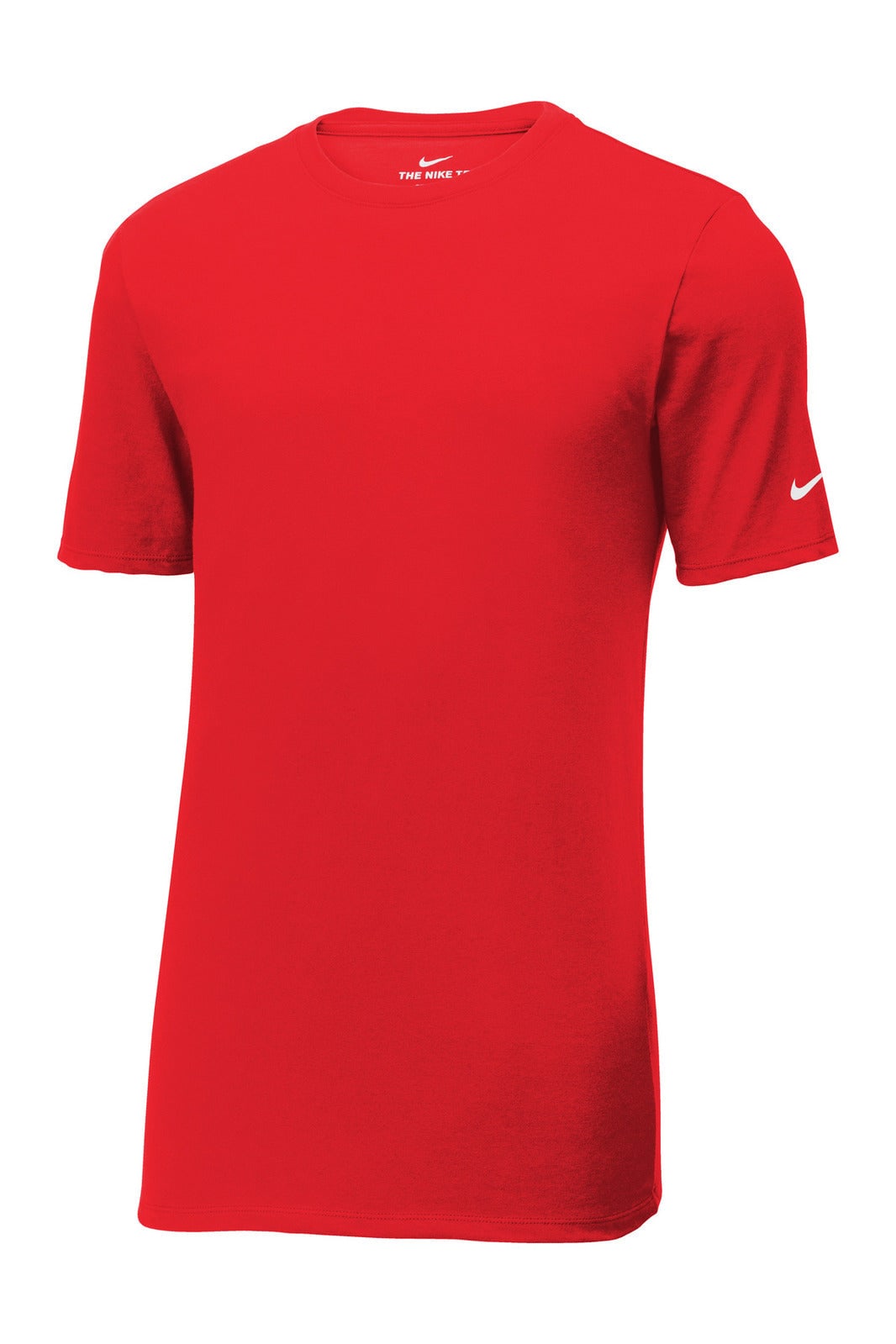 A red Nike Dri-FIT T-shirt featuring short sleeves and a logo on the arm.