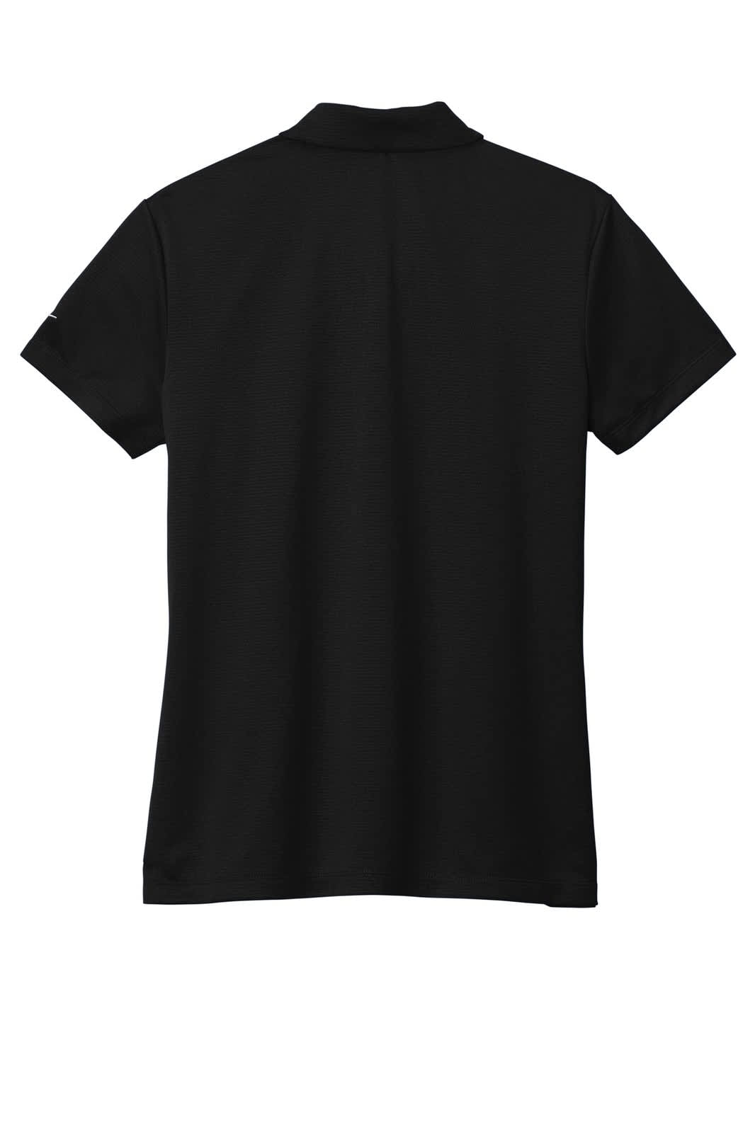 A black polo shirt with a collar and short sleeves, featuring a logo on one sleeve.