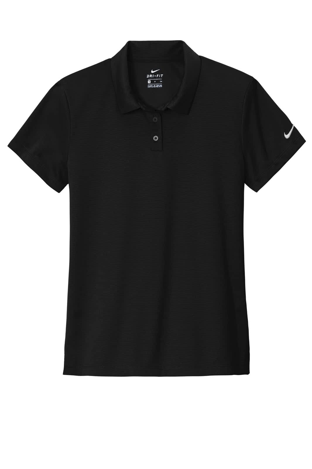 A black Nike ladies' polo shirt with a classic collar and a logo on the sleeve.