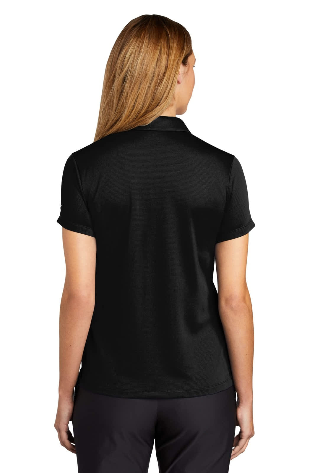 A black Nike ladies' polo shirt shown from the back, featuring a collar and short sleeves, with a logo.