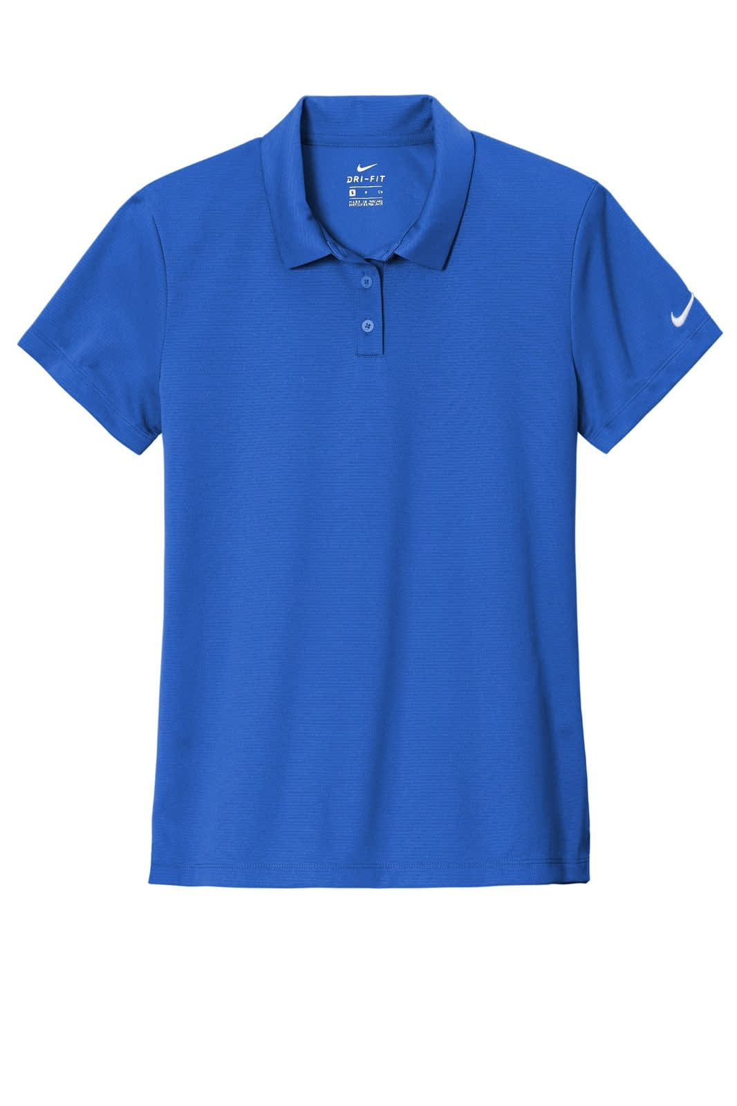 A blue women's polo shirt with a collar, featuring short sleeves and a logo on one sleeve.