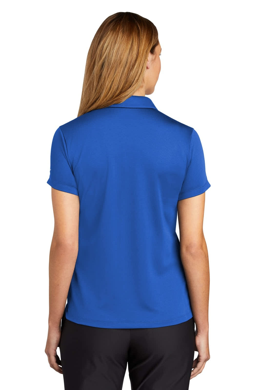 A blue ladies polo shirt featuring a collar and short sleeves, with a logo on the back.