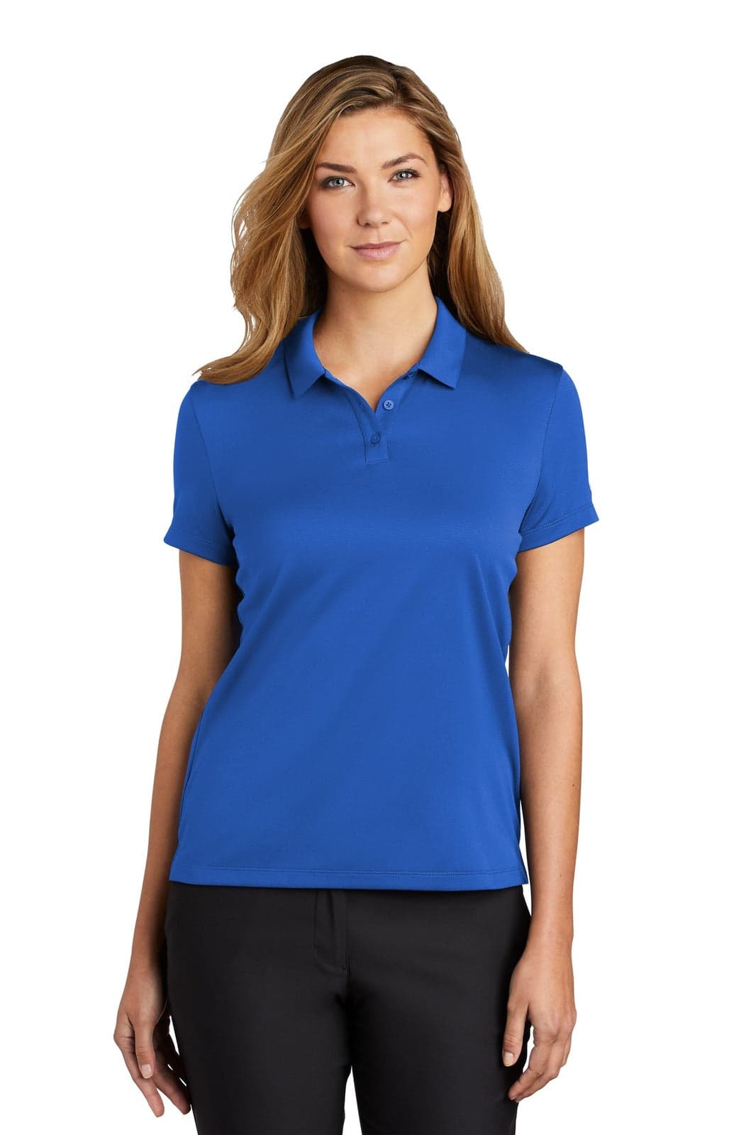 A blue women's polo shirt with a collar, featuring a logo, showcased on a model against a plain background.