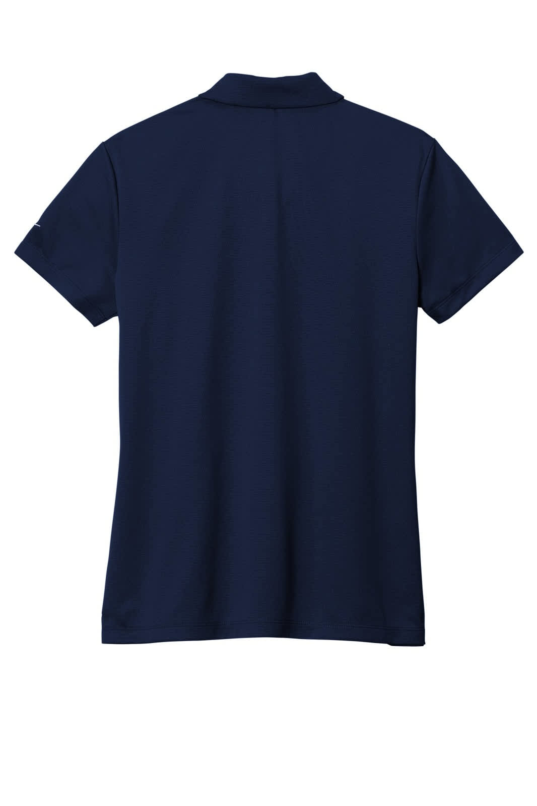A navy blue ladies' polo shirt with a collar and short sleeves, featuring a logo.