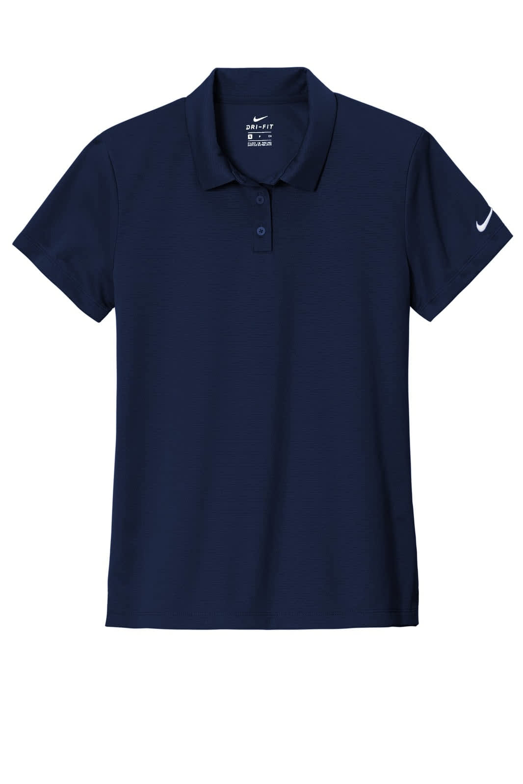 A navy blue polo shirt with a collared neckline, featuring a logo on the sleeve.