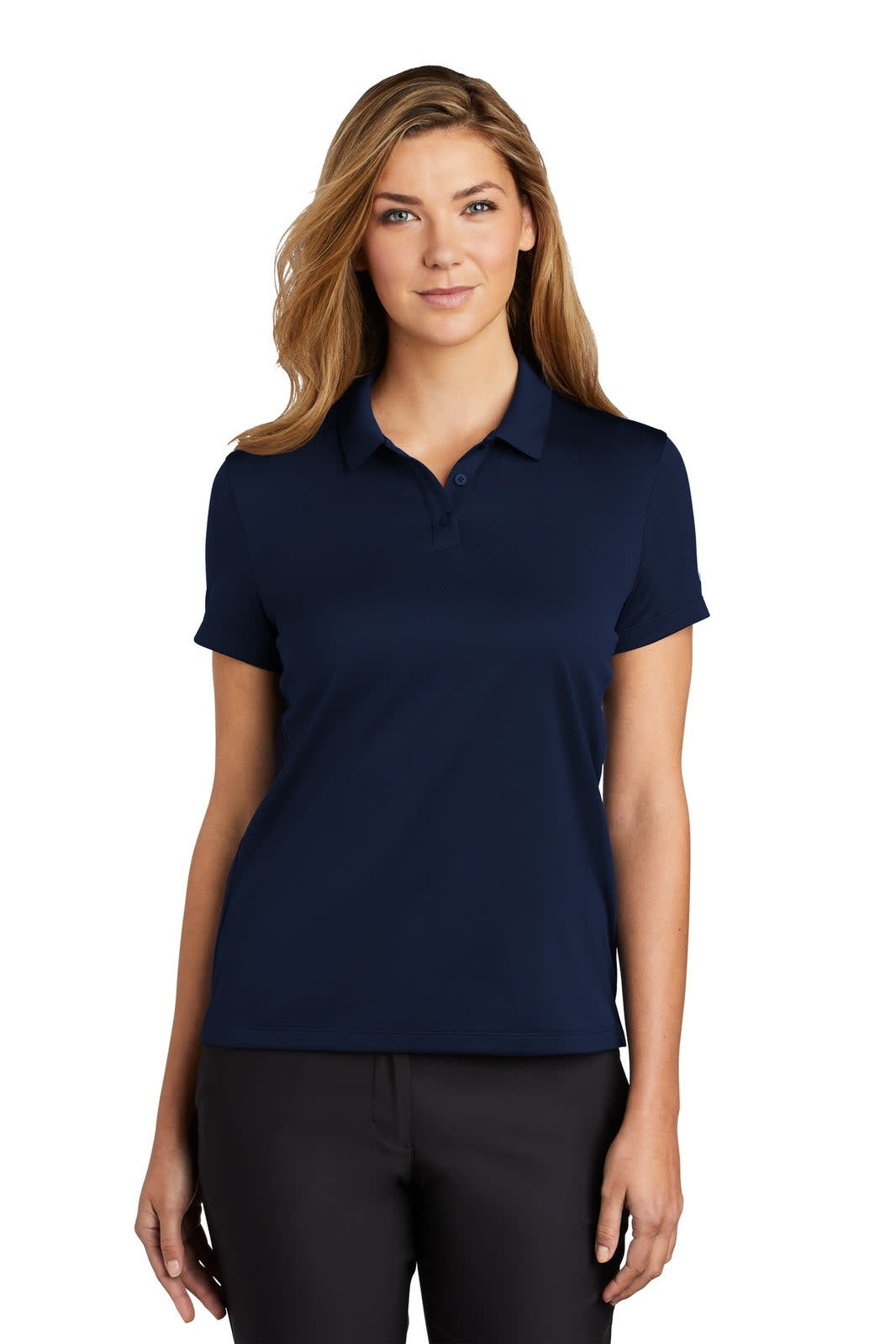 A navy blue women's polo shirt with a collar and short sleeves. The shirt features a branding logo.