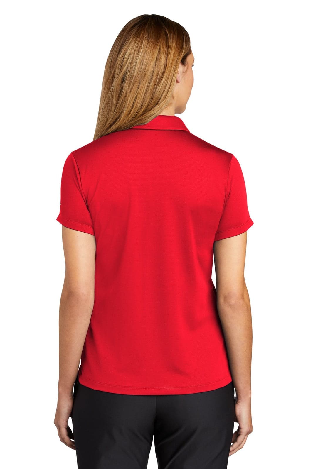 A red women's polo shirt with a short sleeve design and a back view, featuring a logo.