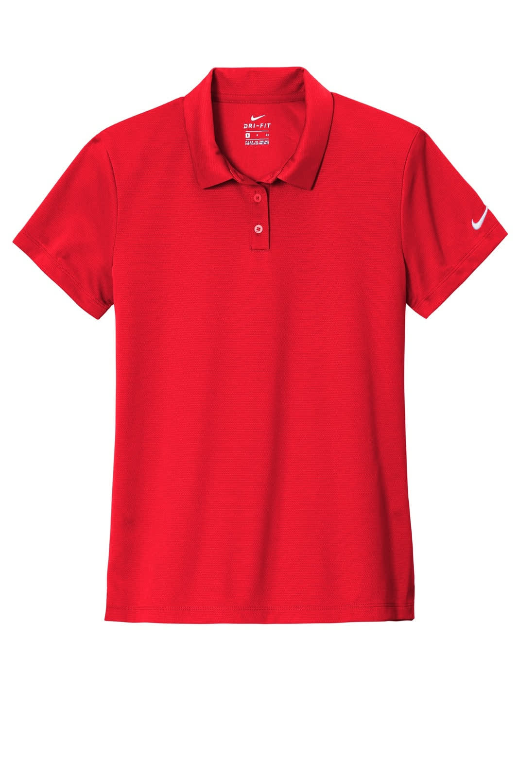 A red Nike ladies polo shirt with a collar and short sleeves, featuring a logo on one sleeve.