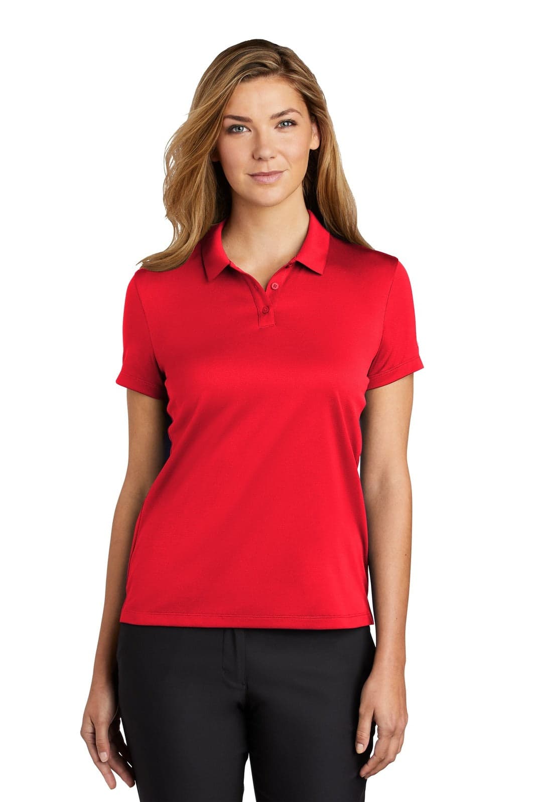 A red ladies polo shirt with a collar and short sleeves, featuring a logo on the chest area.