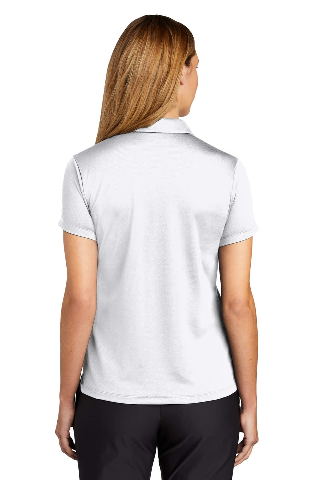 A women's white polo shirt with a collar, featuring short sleeves and a subtle logo.