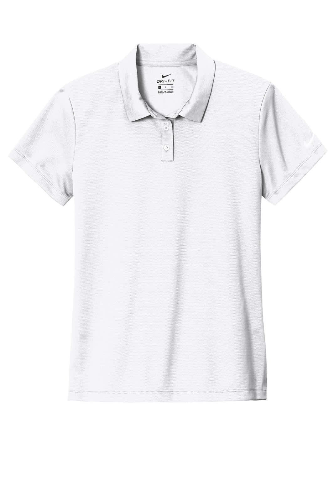 A white polo shirt with a collar, featuring a brand logo and short sleeves.