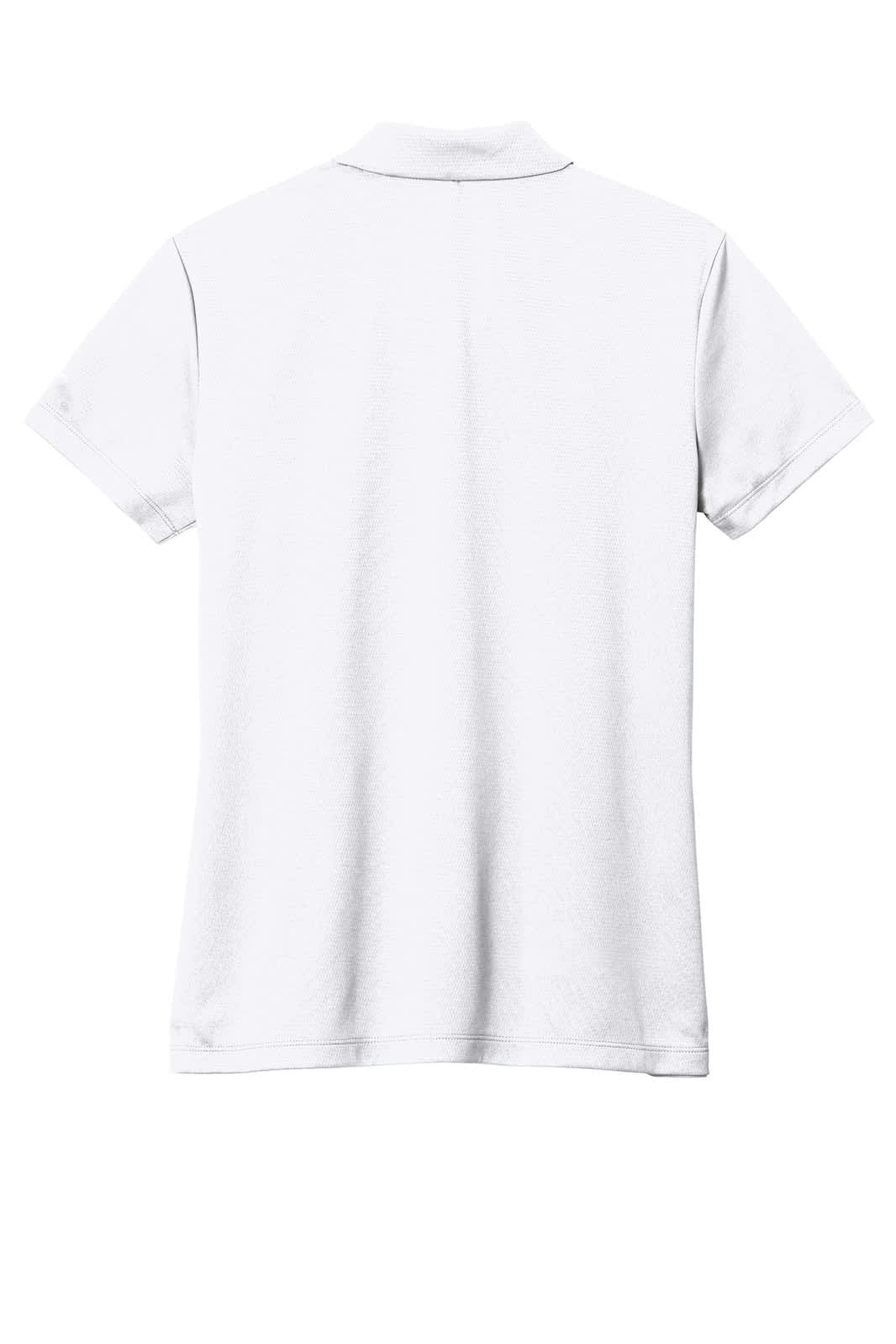 A white polo shirt with short sleeves and a collar, featuring a logo on the side.