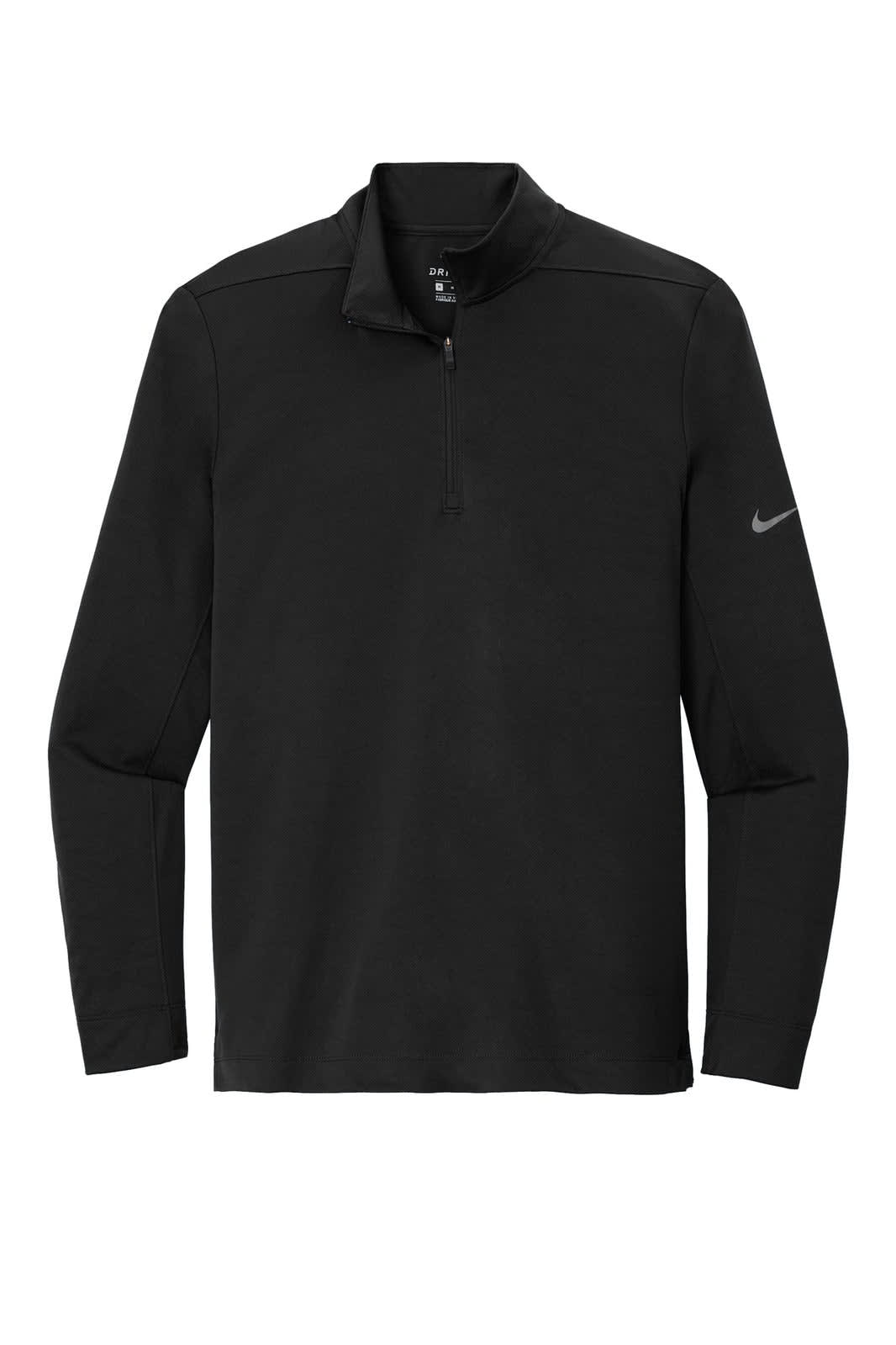 A black Nike Dry 1/2-Zip Cover-Up featuring long sleeves and a stand collar with a logo on the sleeve.
