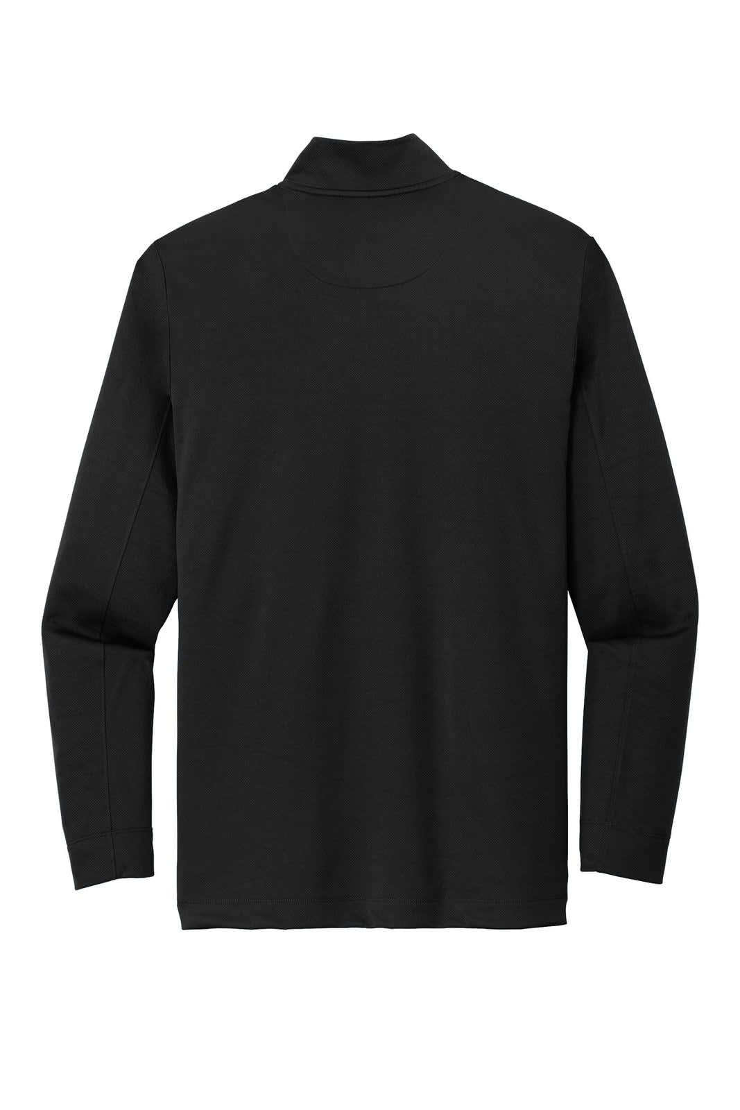 A black Nike Dry 1/2-Zip Cover-Up featuring long sleeves and a high collar, with a logo on the garment.