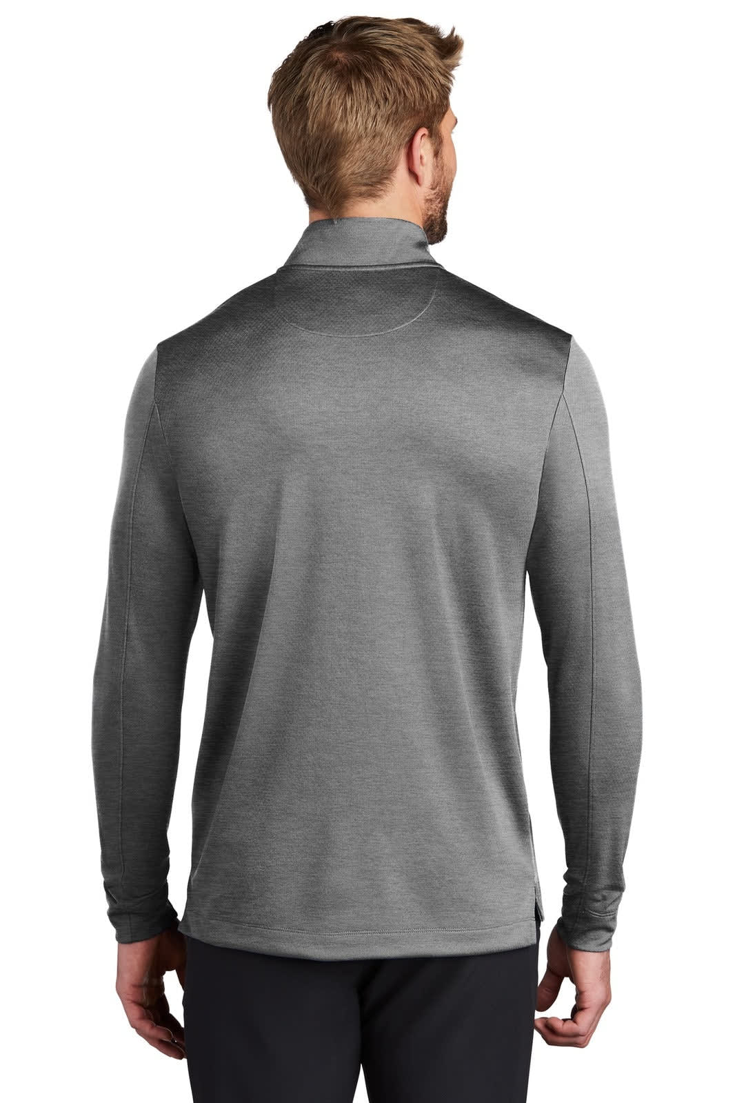 A grey Nike Dry 1/2-Zip Cover-Up featuring a high collar and long sleeves, with a logo on the back.