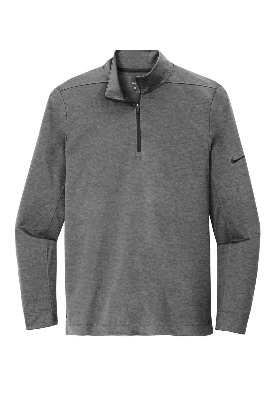 A grey Nike Dry 1/2-Zip Cover-Up featuring long sleeves and a zippered neckline with a logo on the sleeve.