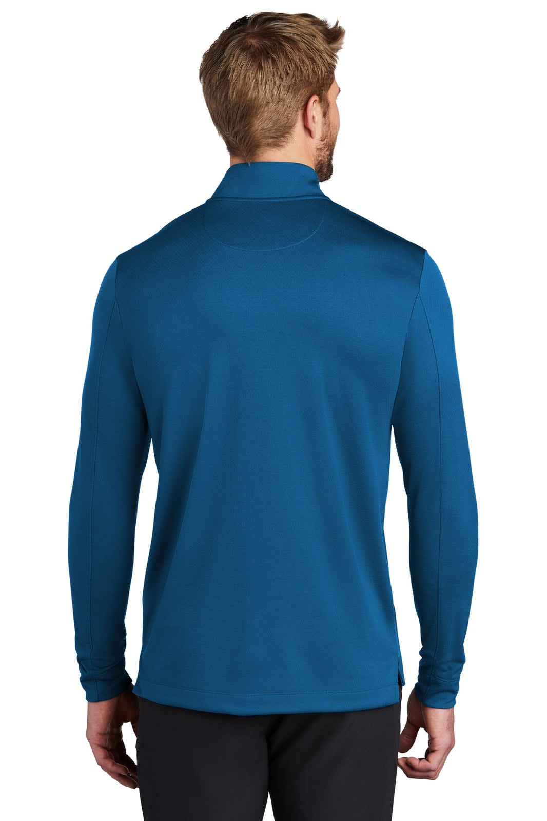 A rear view of a men's long-sleeve, half-zip cover-up in blue with a logo on the back.