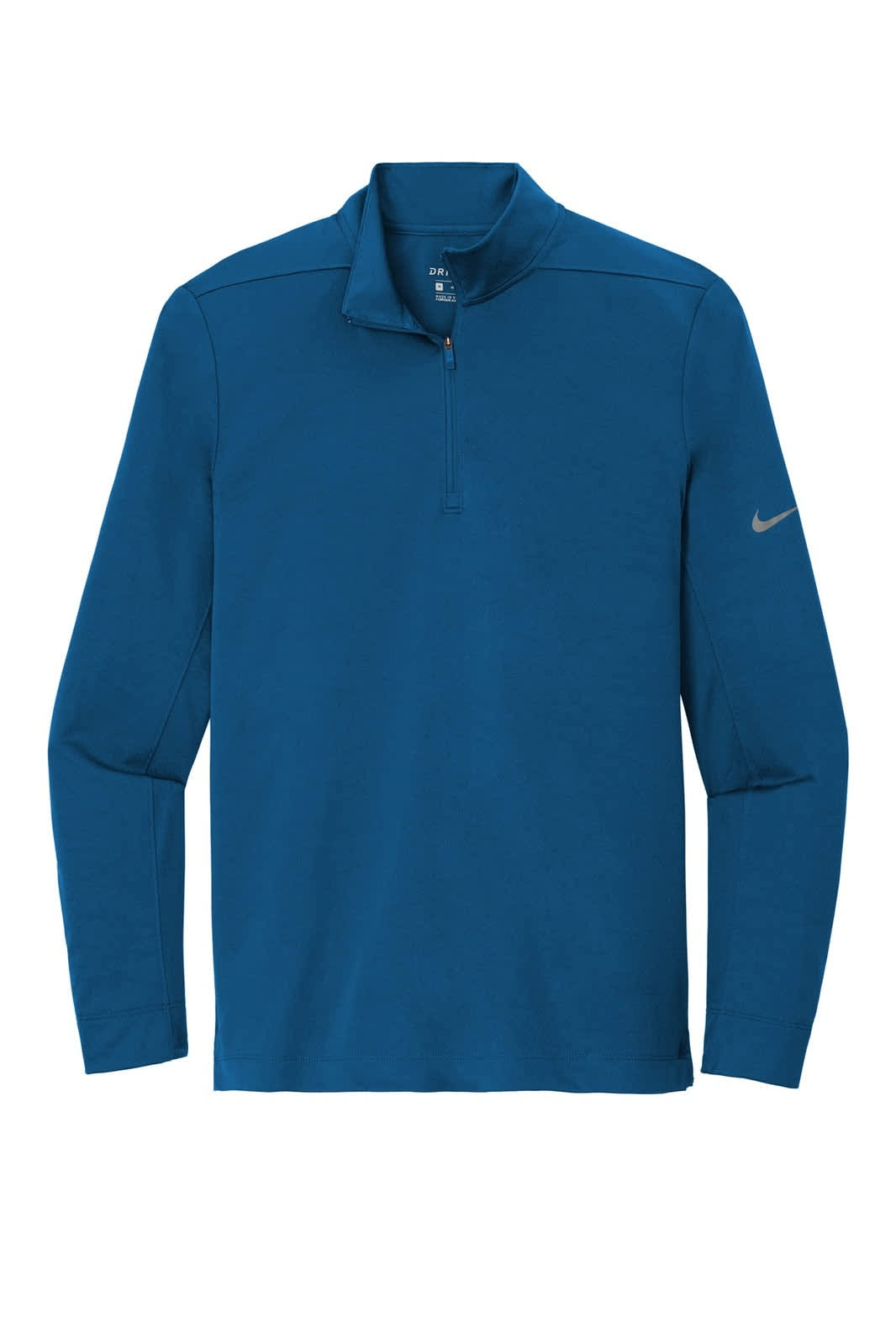 A blue Nike Dry 1/2-Zip cover-up featuring long sleeves and a partial zip collar, with a logo on the sleeve.