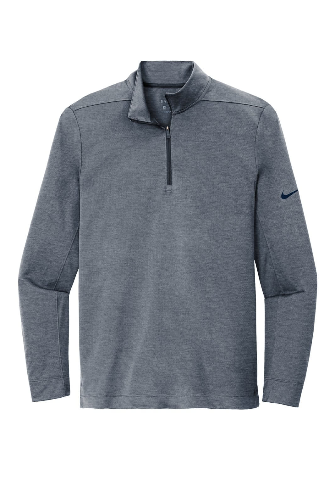 A grey Nike Dry 1/2-Zip Cover-Up featuring long sleeves and a collar, with a logo on the sleeve.