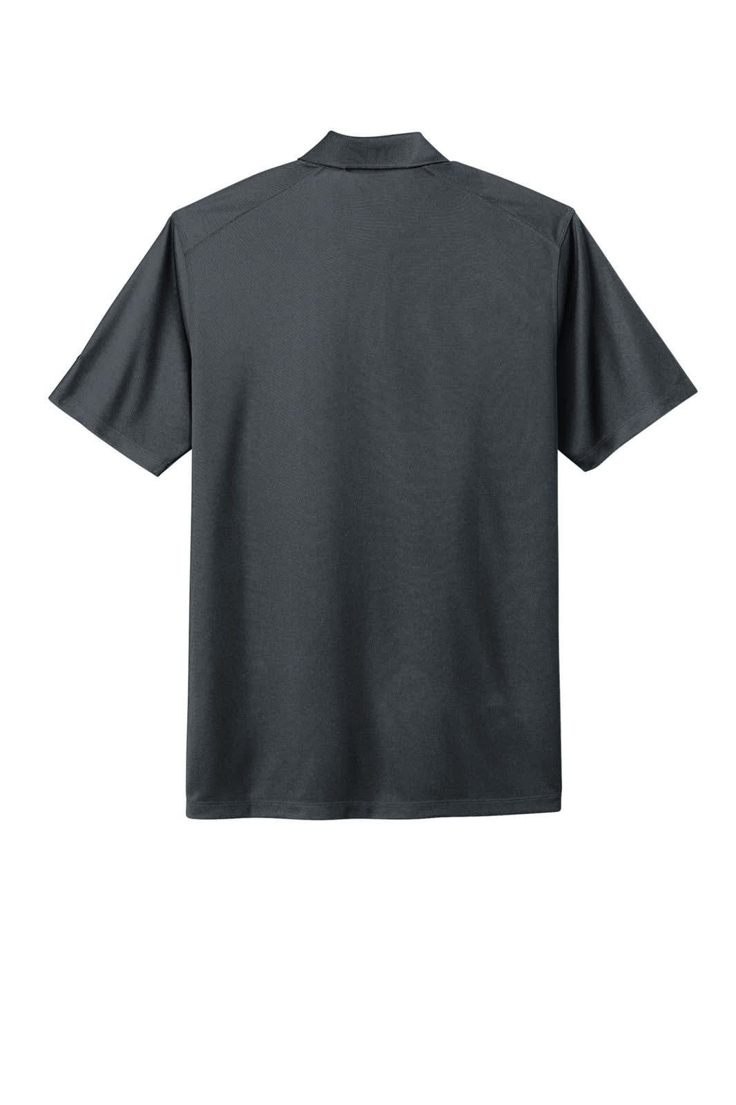 A dark grey polo shirt with short sleeves and a collar, featuring a branding logo.
